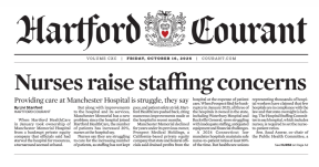 Portion of front-page article on safe patient limits advocacy in October 16, 2026 edition of The Courant